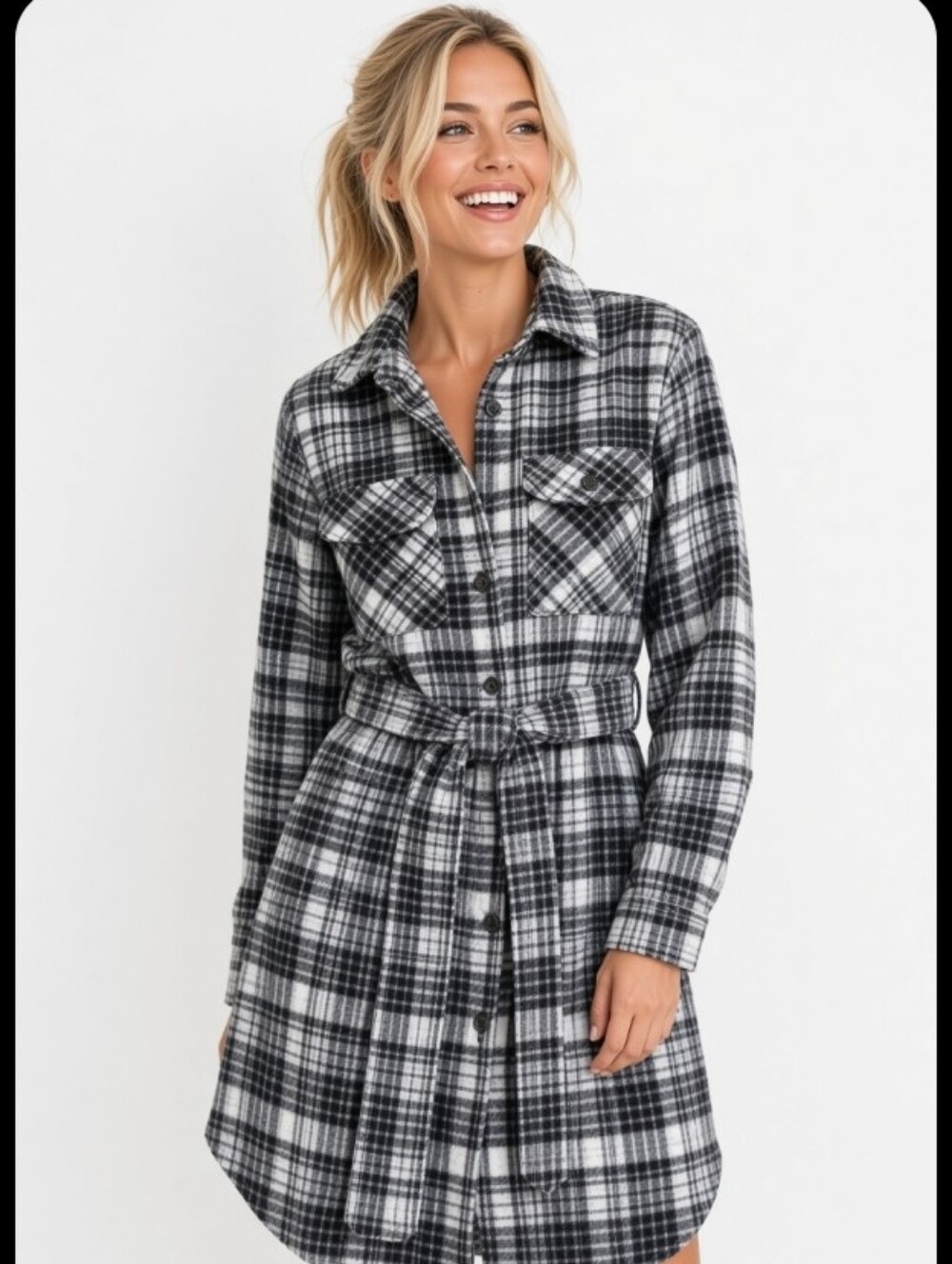 NWOT Stoosh Plaid Flannel Super Soft Button-Front Shirt Dress w Tie Belt (Sz:s)